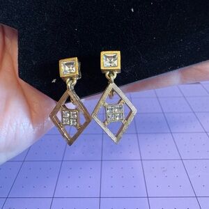 Vintage Givenchy Gold-Tone Geometric Drop Clip on Earrings with Clear Stones